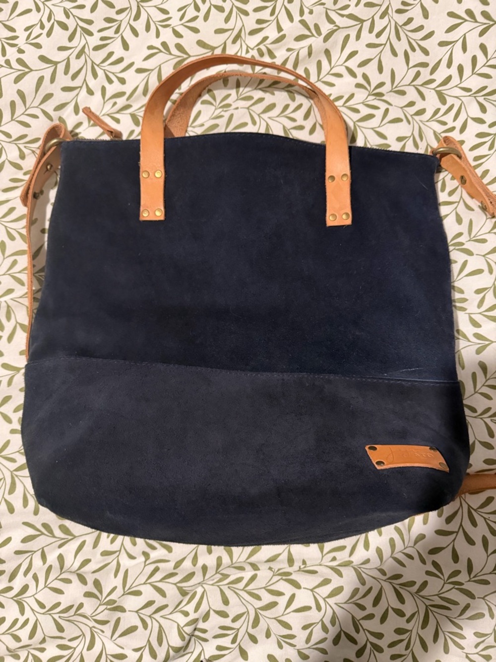 Navy Suede Tote Backpack with Tan Leather Accents